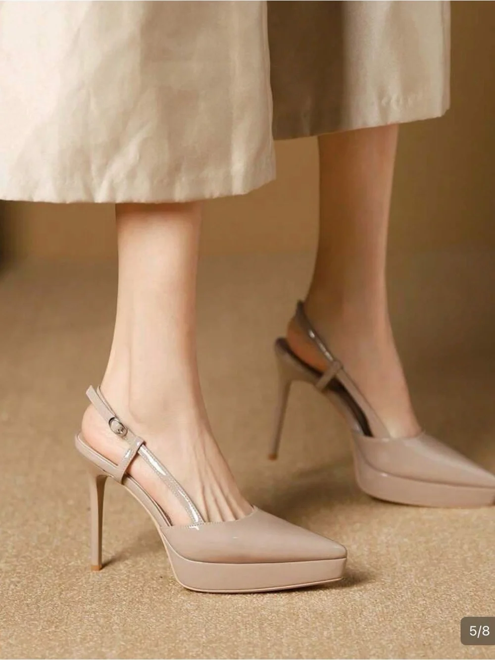 Pointed Toe Nude Slingback Stiletto Pumps - Picture 6 of 16